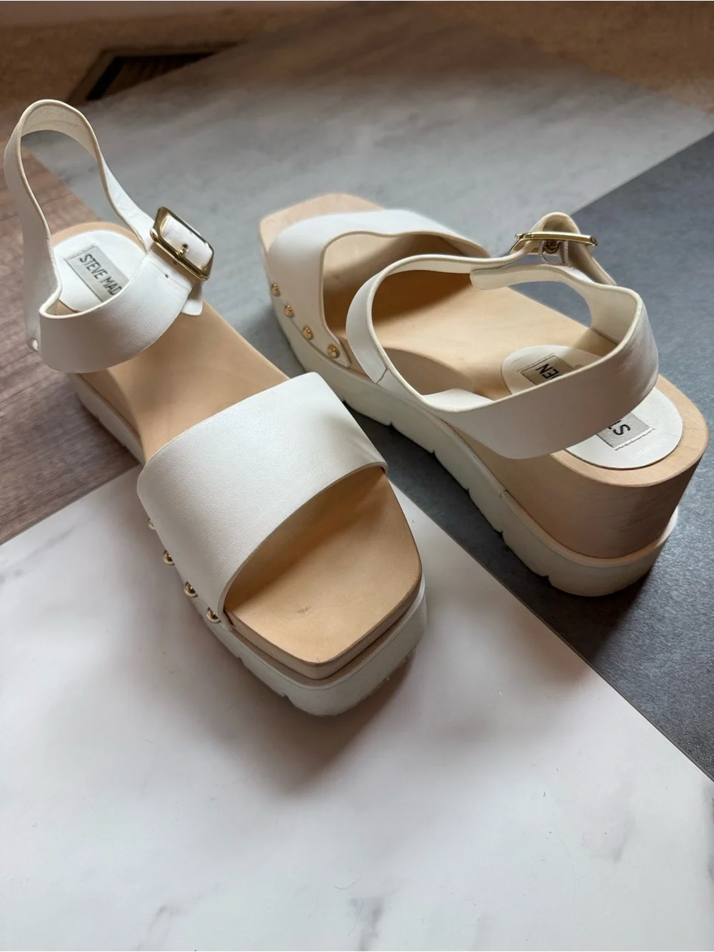 Steve Madden White Platform Sandals with Gold Studs